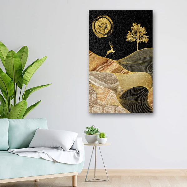 20x32 Canvas Painting - Running Deer Golden Black Effect