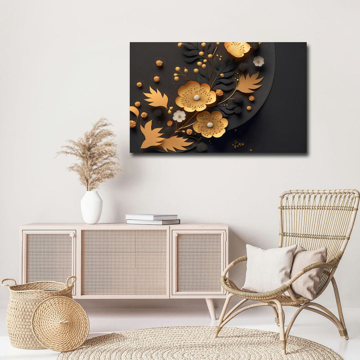 32x20 Canvas Painting - Golden Flowers Black Leaves