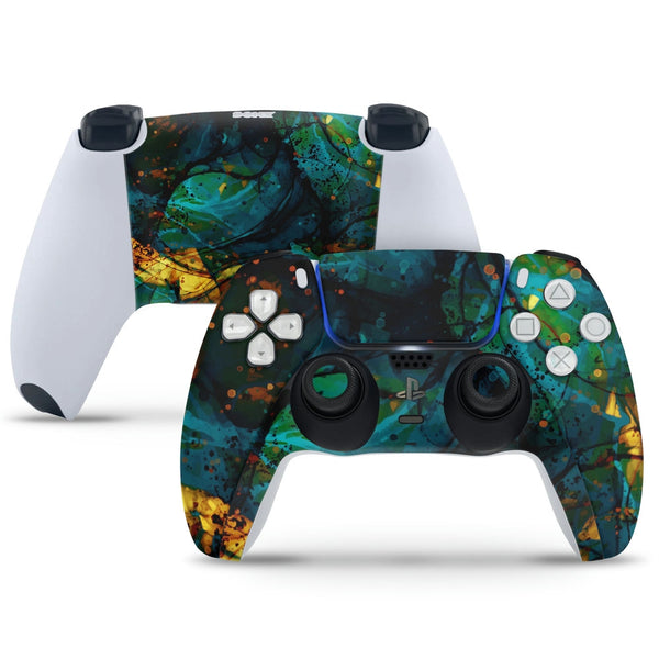 PS5 Controller Skin - Green Golden Mesh Peacock Design