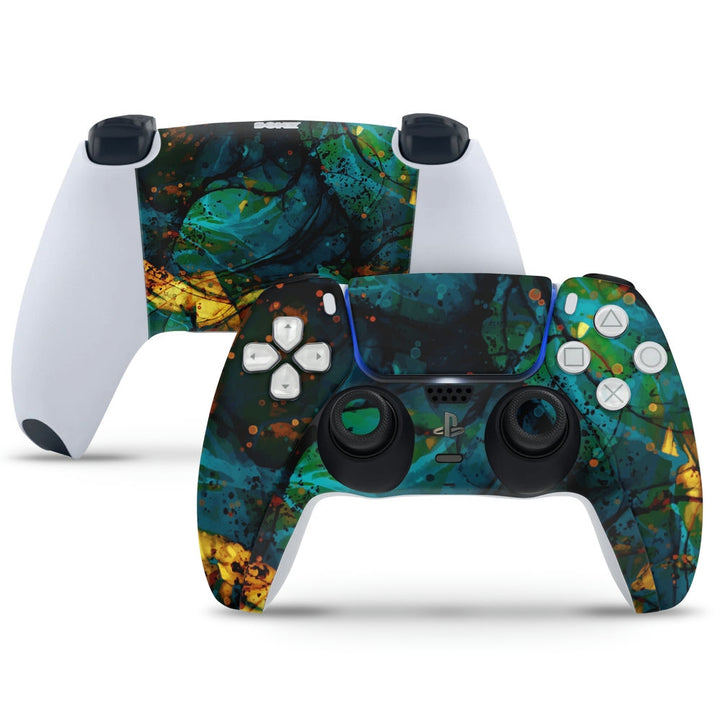 PS5 Controller Skin - Green Golden Mesh Peacock Design