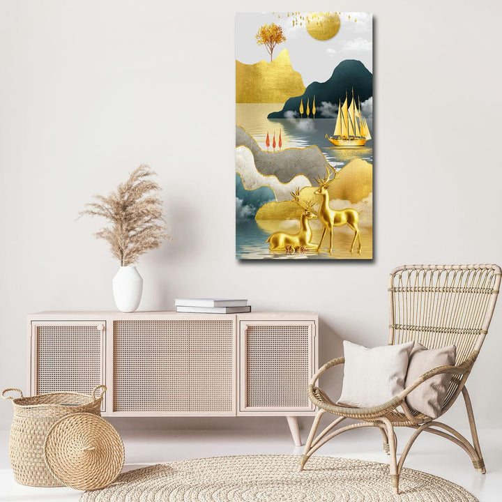 20x36 Canvas Painting - Golden Ship and 3D Deers Portrait