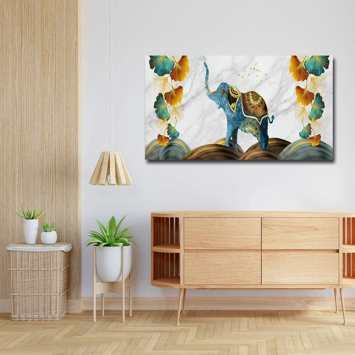 36x20 Canvas Painting - Elephant Golden Green Leaf Art