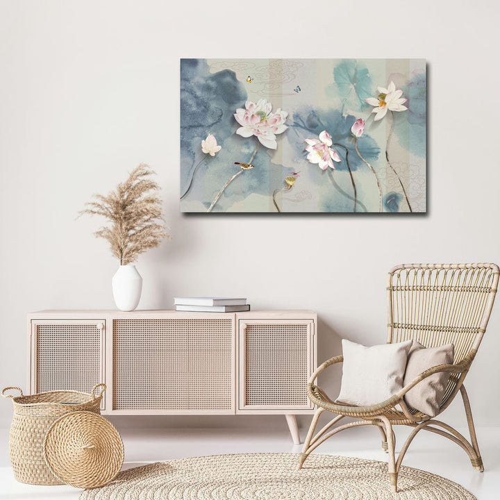 32x20 Canvas Painting - Pink Flowers Birds Butterfly