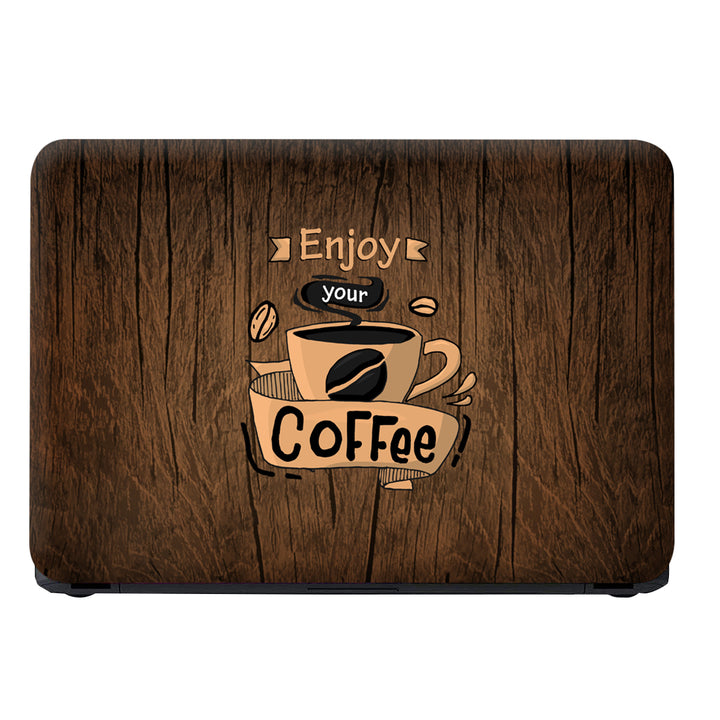 Laptop Skin - Enjoy Your Coffee on Brown Wooden