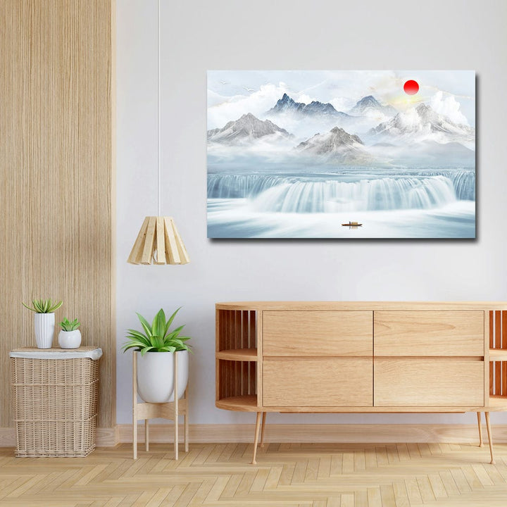 32x20 Canvas Painting - Red Sun White Waterfall