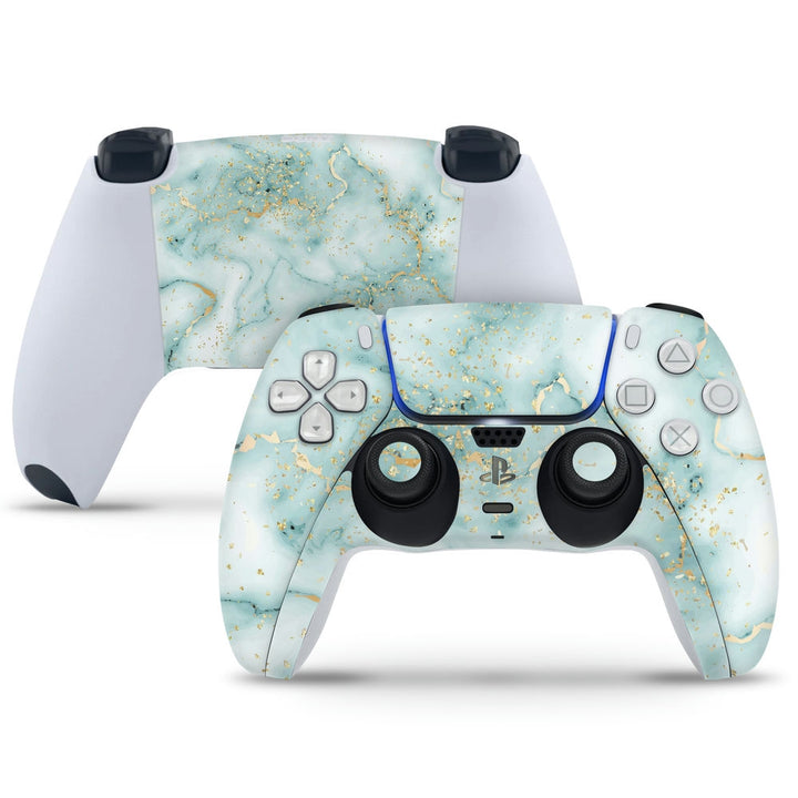 PS5 Controller Skin - Golden Effect on Green and White Marble