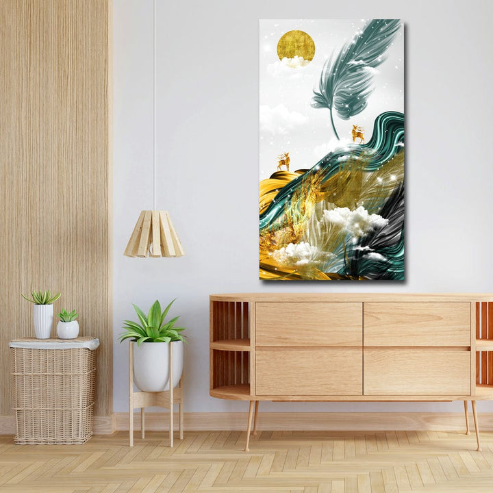 20x36 Canvas Painting - Golden Deer Sun Big Feather Portrait