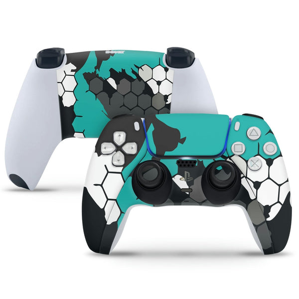 PS5 Controller Skin - Cyan Black Honeycomb Art