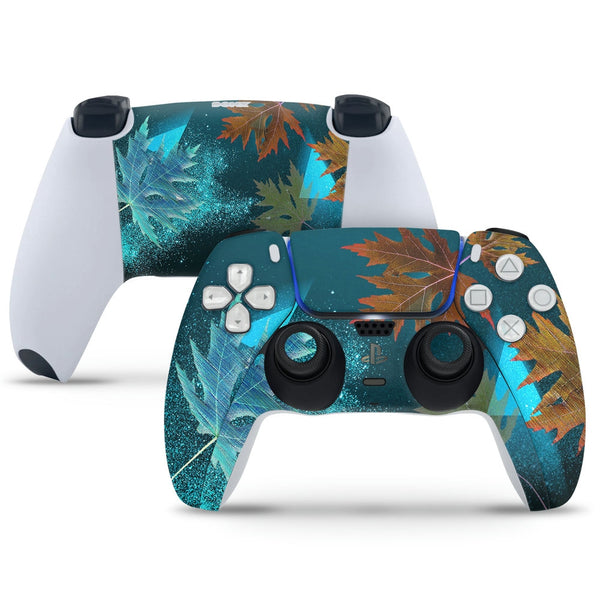 PS5 Controller Skin - Blue Brown Sparkle Leaves