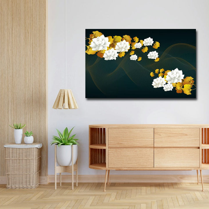 32x20 Canvas Painting - White Yellow Floral on Green