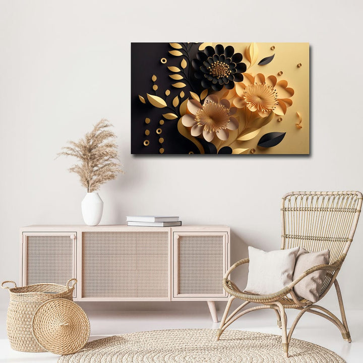 32x20 Canvas Painting - Black Golden Three Flowers