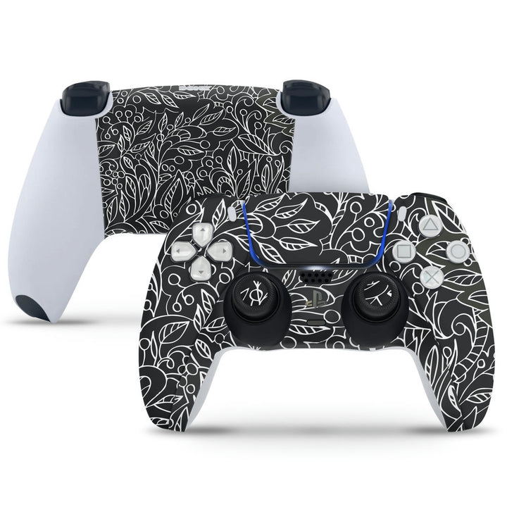 PS5 Controller Skin - White Leaves on Black