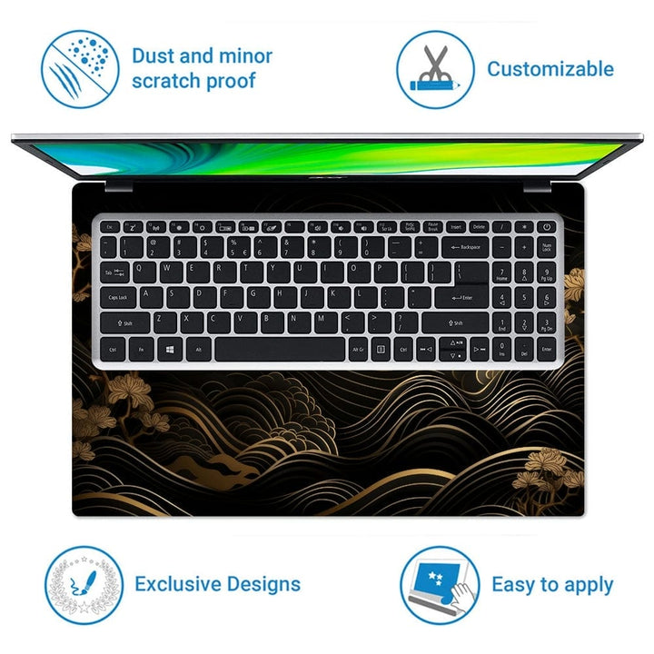 Laptop Skin - Golden Floral Waves on Black