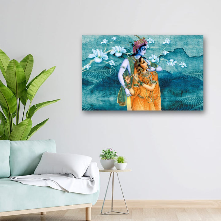 32x20 Canvas Painting - Radha Krishna with White Floral