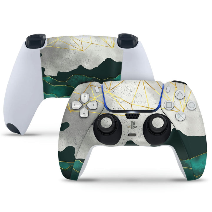 PS5 Controller Skin - Golden Lightning Design on Green Ocean