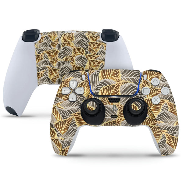 PS5 Controller Skin - Grey Golden Metallic Leaves