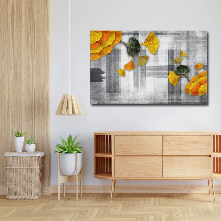 32x20 Canvas Painting - Yellow Green Flowers on Grey Back