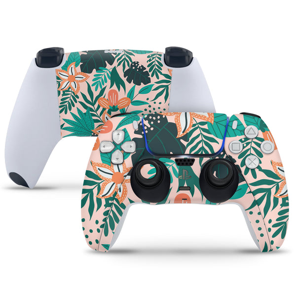 PS5 Controller Skin - Abstract Green Leaves Pink