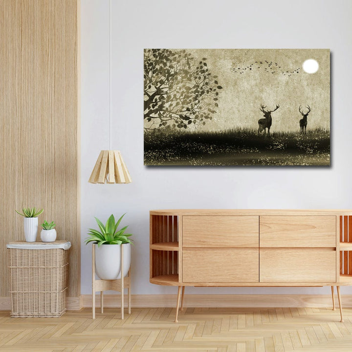 32x20 Canvas Painting - Two Deer and Moon Brownish Art