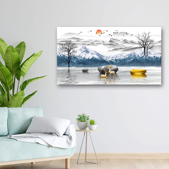 36x20 Canvas Painting - Deer 3D Black Trees