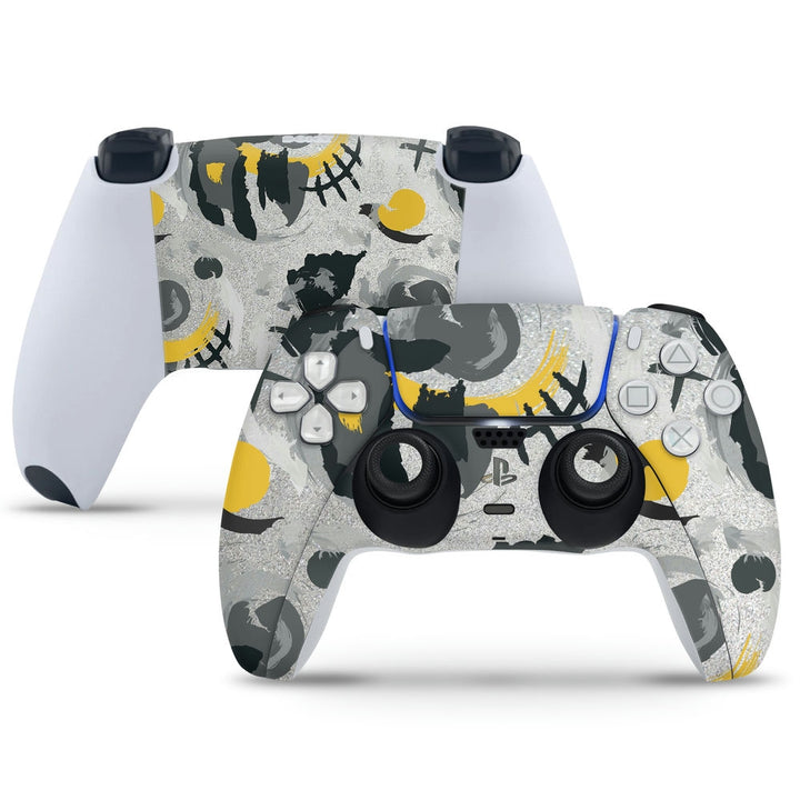 PS5 Controller Skin - Black Yellow Designs on Silver