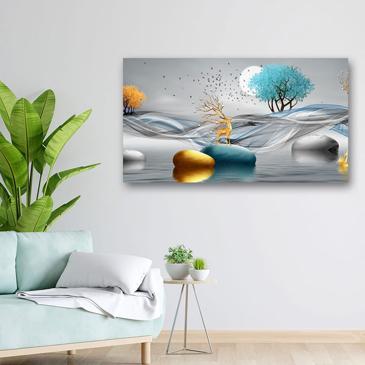 36x20 Canvas Painting - Deer 3D Horns Blue Tree