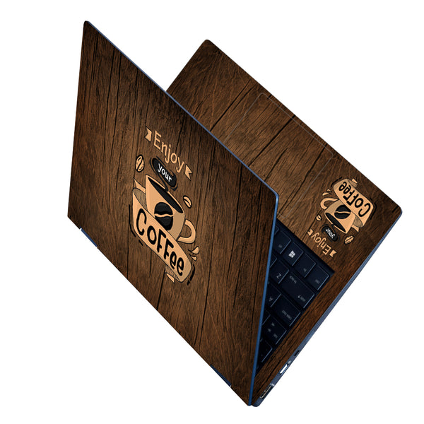 Laptop Skin - Enjoy Your Coffee on Brown Wooden