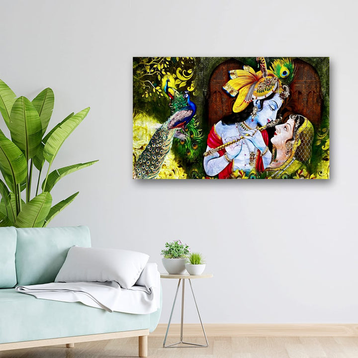 32x20 Canvas Painting - Radha Krishna Peacock Green