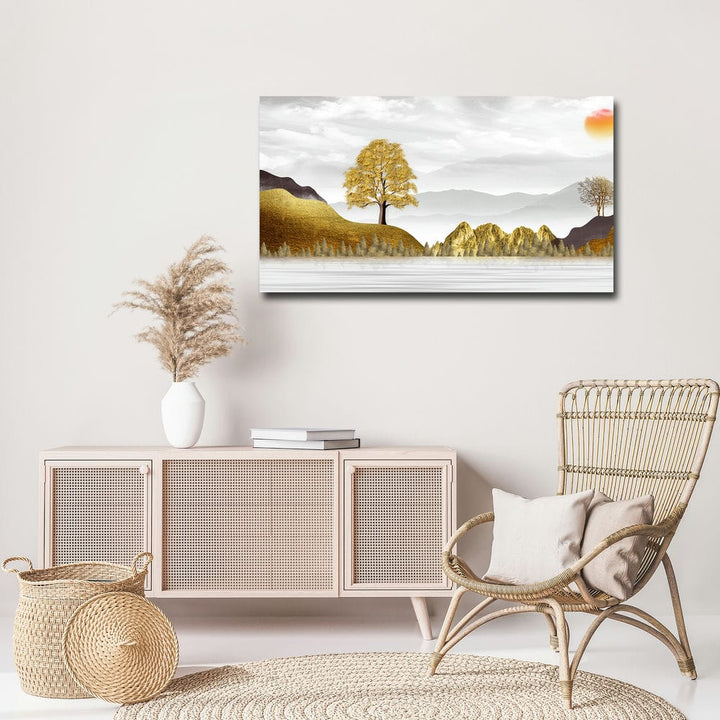 36x20 Canvas Painting - Golden Mountain Tree White Sky