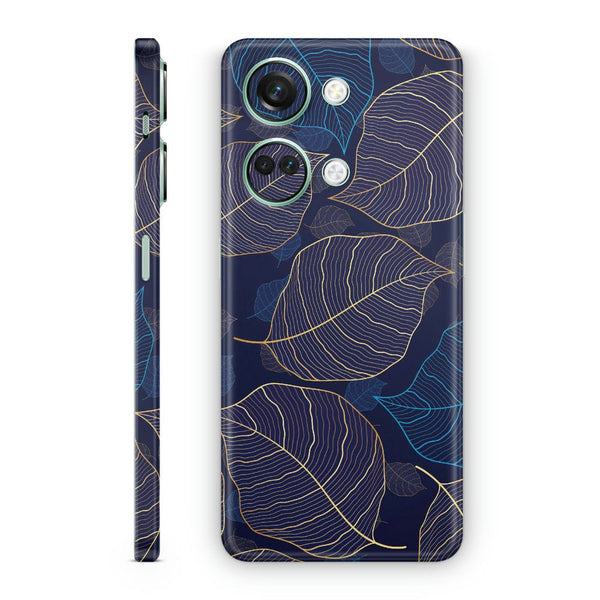 Mobile Skin Wrap - Blue Golden Metal Leaves