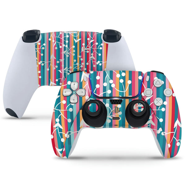 PS5 Controller Skin - Colourful Vertical Lines White Leaves