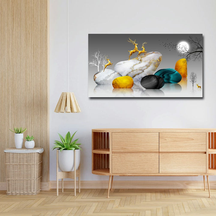 36x20 Canvas Painting - Deers on Marble Stone