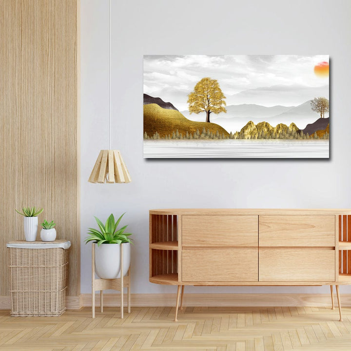 36x20 Canvas Painting - Golden Mountain Tree White Sky