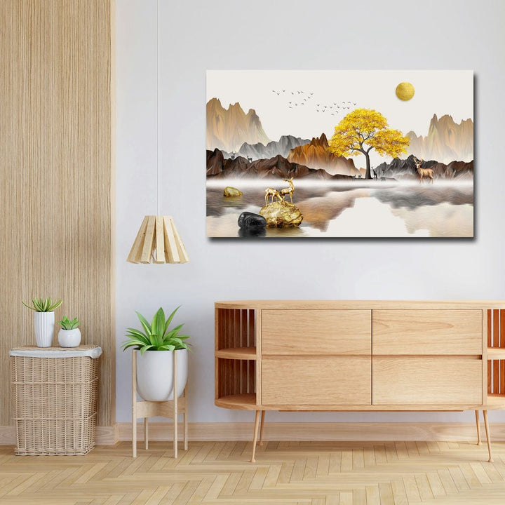 32x20 Canvas Painting - Golden Sun and Deers