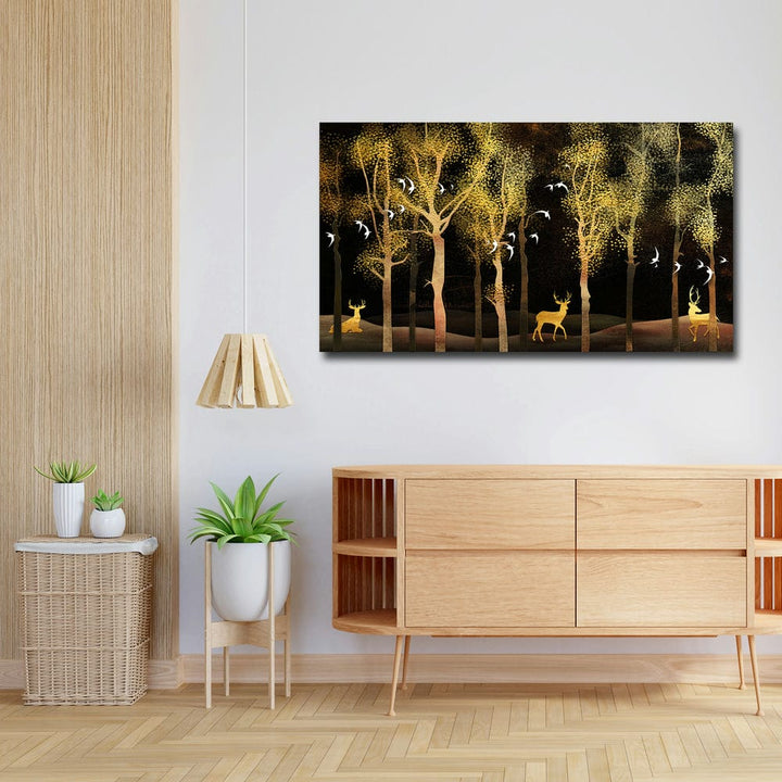 36x20 Canvas Painting - Golden Trees and Deer white Birds