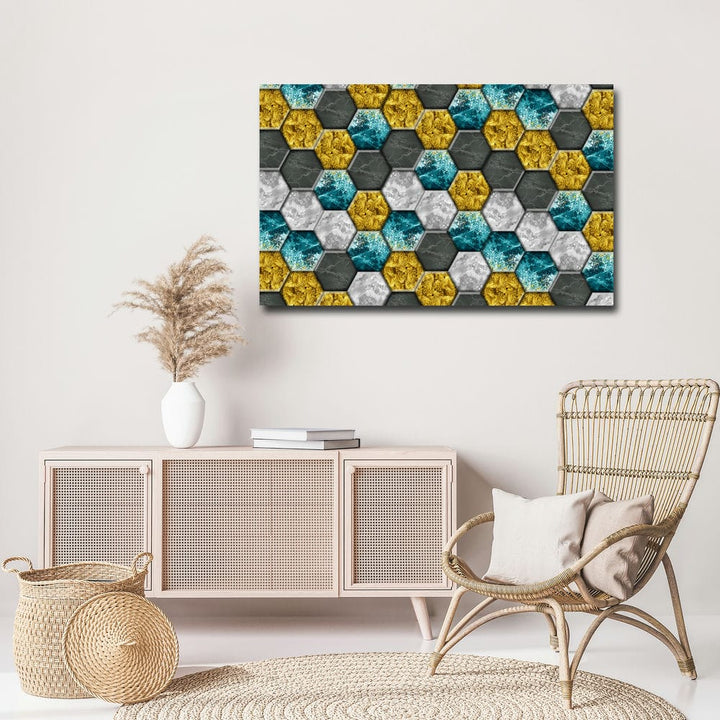 32x20 Canvas Painting - Golden Blue Grey Hexagon