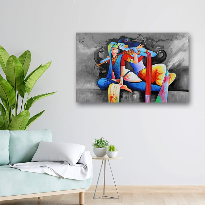 32x20 Canvas Painting - Radha Krishna on Black Background