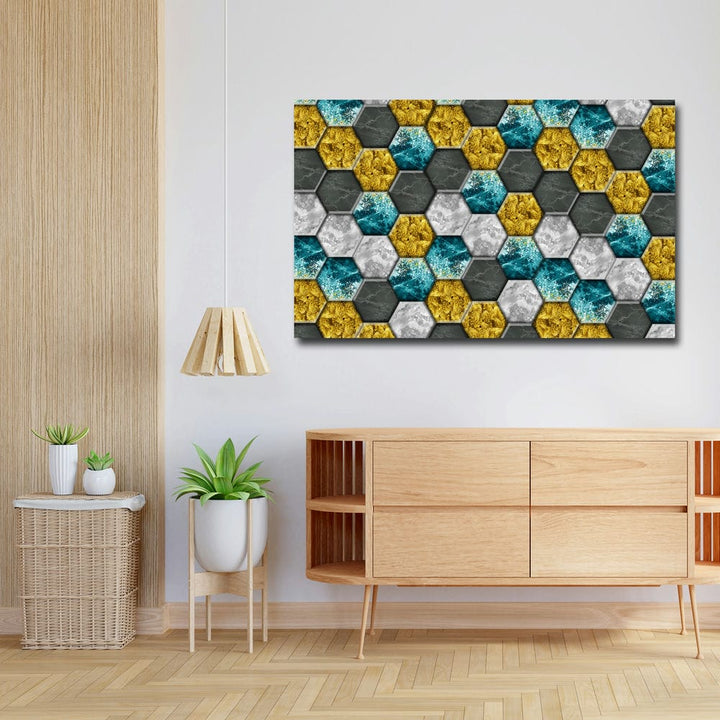 32x20 Canvas Painting - Golden Blue Grey Hexagon