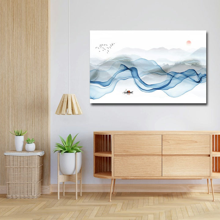 32x20 Canvas Painting - Boat in Blue Waves