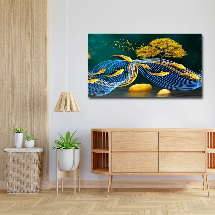 36x20 Canvas Painting - Fish 3D Blue Wave