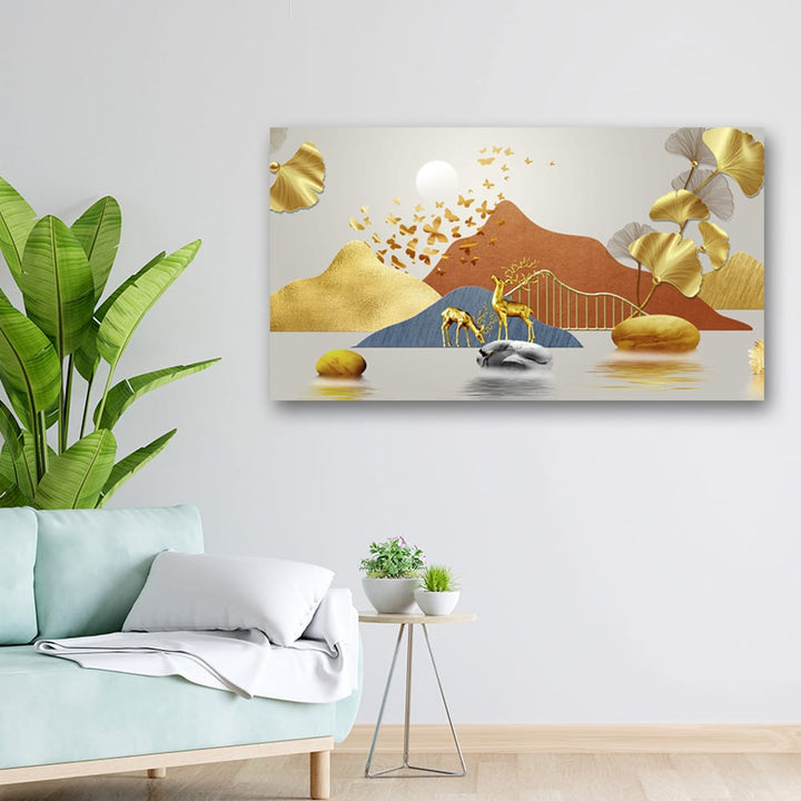 36x20 Canvas Painting - Golden 3D Deer Butterfly