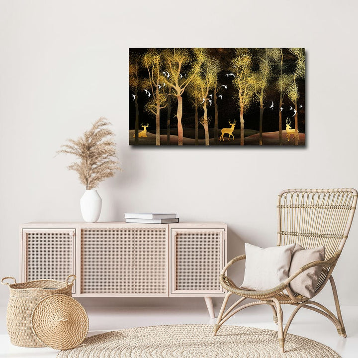 36x20 Canvas Painting - Golden Trees and Deer white Birds