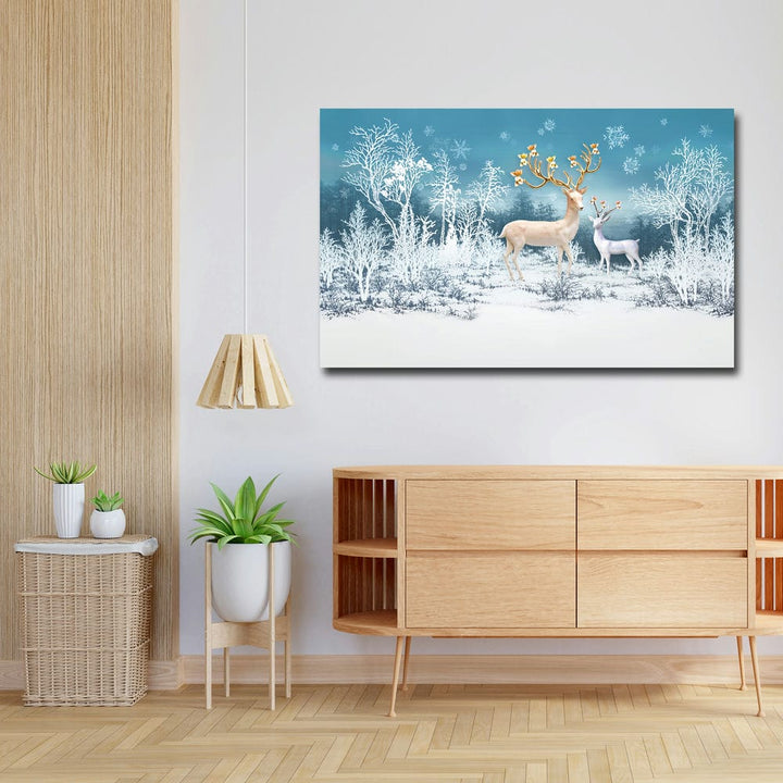 32x20 Canvas Painting - Golden Horns Deer on White Snow