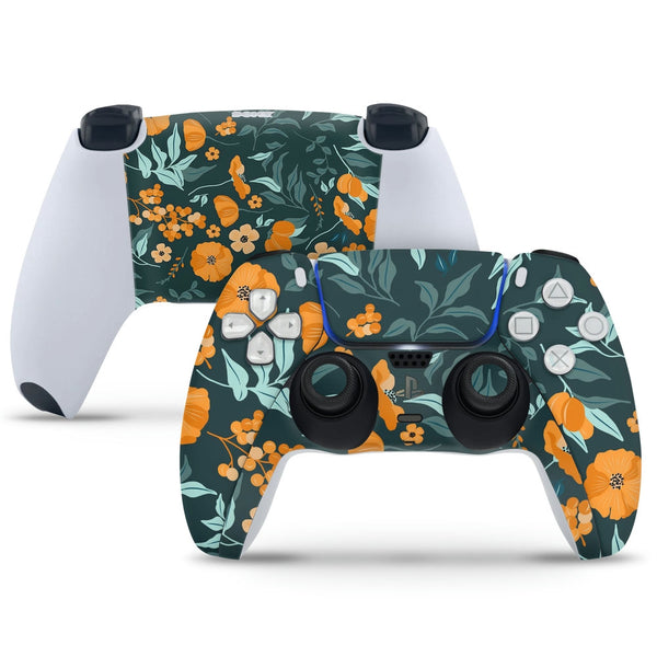 PS5 Controller Skin - Orange Green Floral on Blue