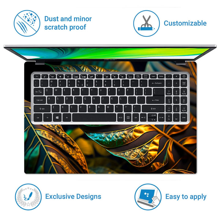 Laptop Skin - Tropical Leaves Gold and Black Illustration