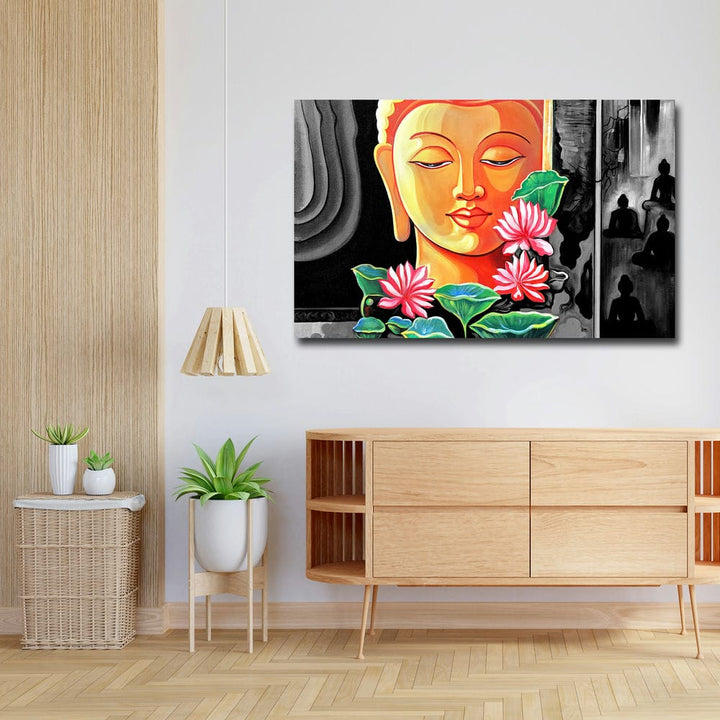 32x20 Canvas Painting - Orange Buddha Face on Black Background