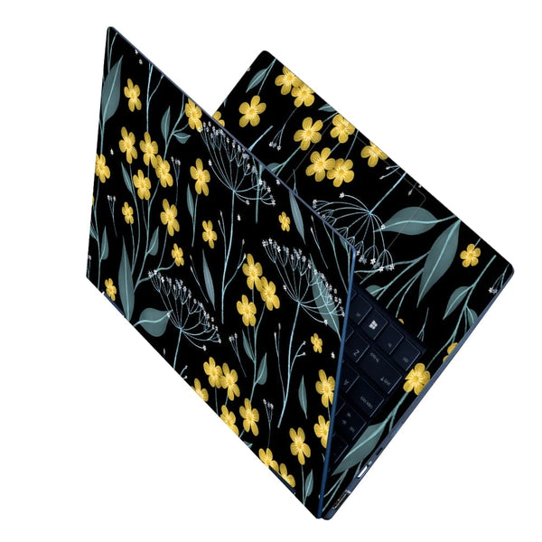 Laptop Skin - Yellow Grey Floral Leaves on Black