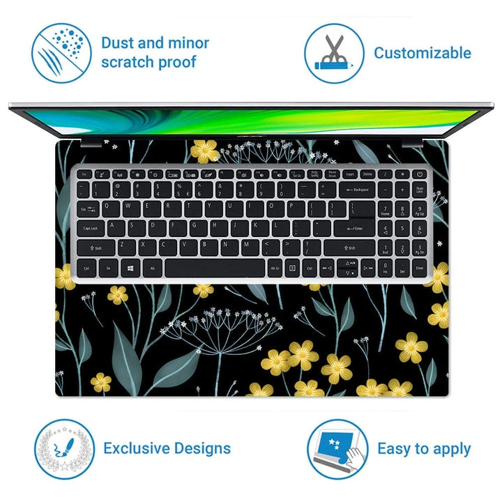 Laptop Skin - Yellow Grey Floral Leaves on Black