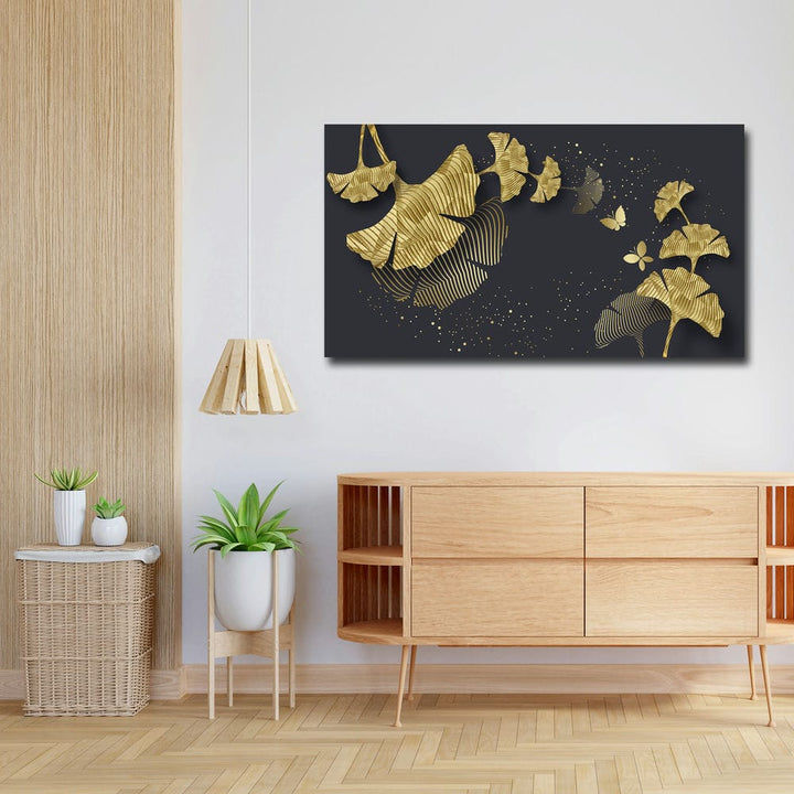 36x20 Canvas Painting - Golden Petals on Black