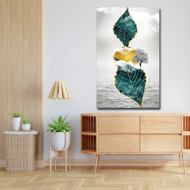 20x32 Canvas Painting - Green Big Metallic Leaves